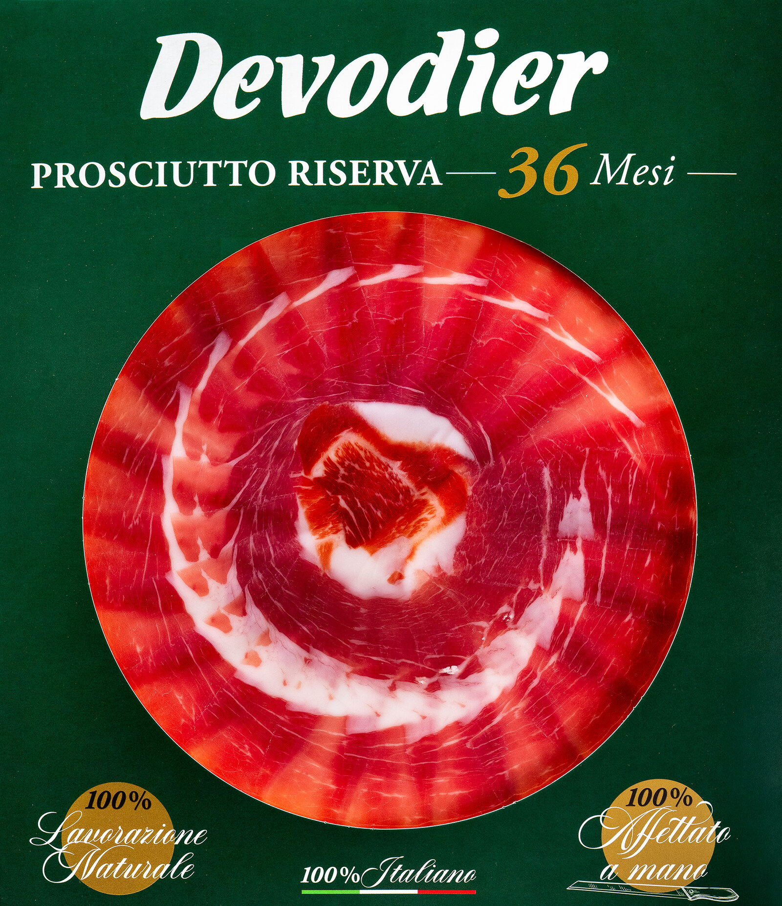 Prosciutto Riserva 36 Mesi affettato a mano, presentato a rosone nel packaging Devodier